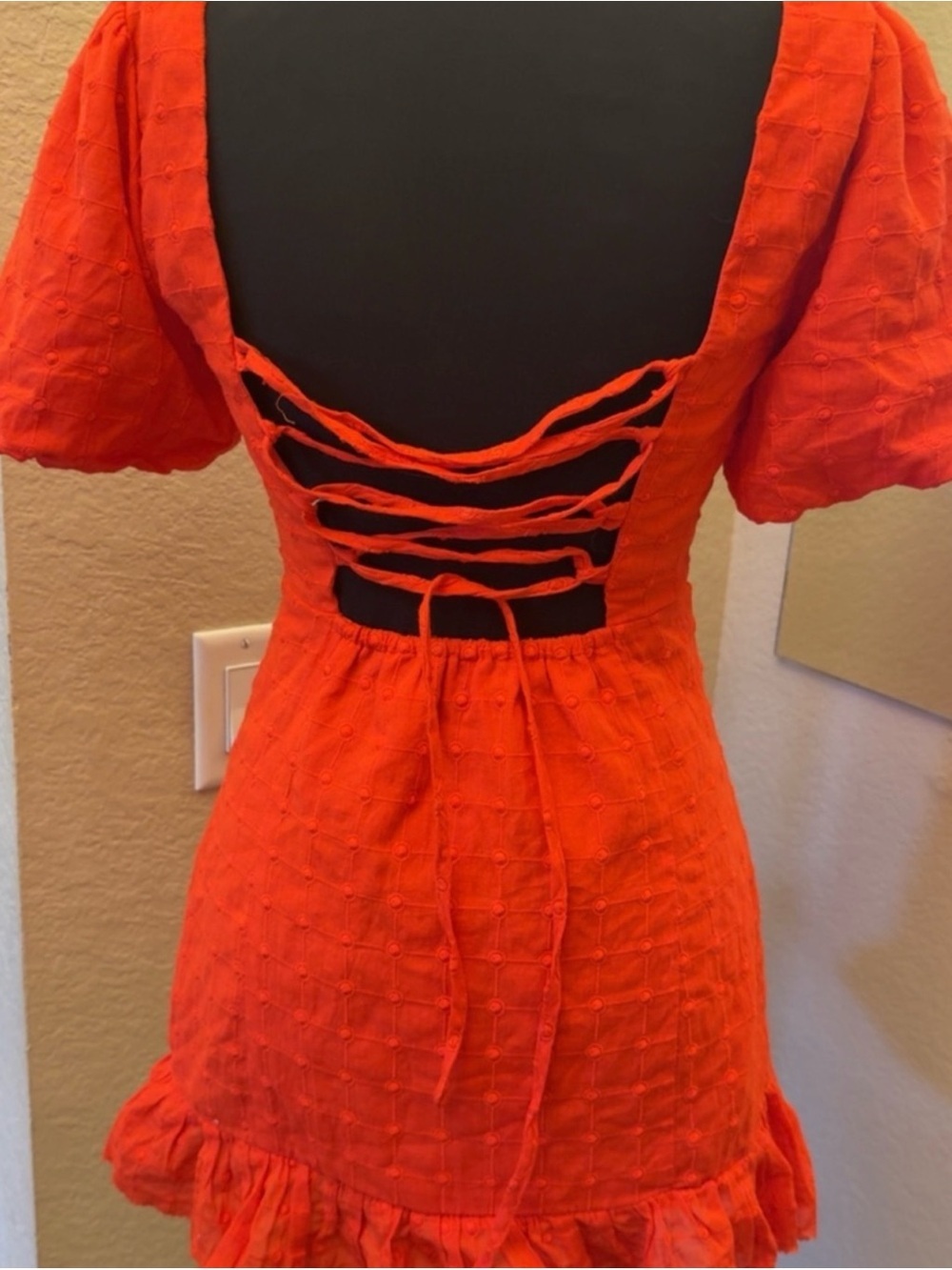 Square Neck Red Orange Puff Sleeve Mini Dress - Picture 10 of 16